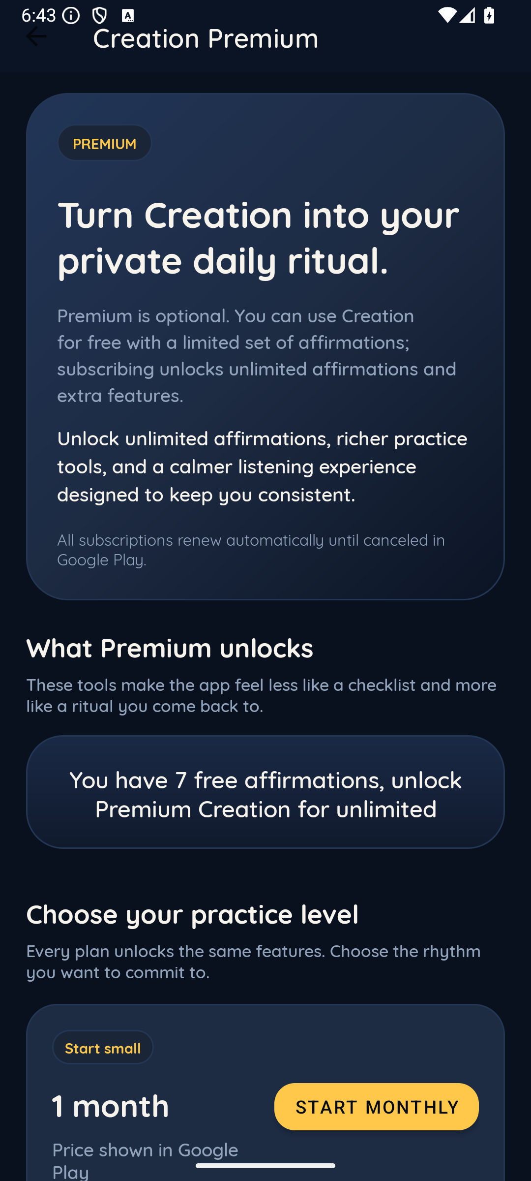 Creation premium subscription screen