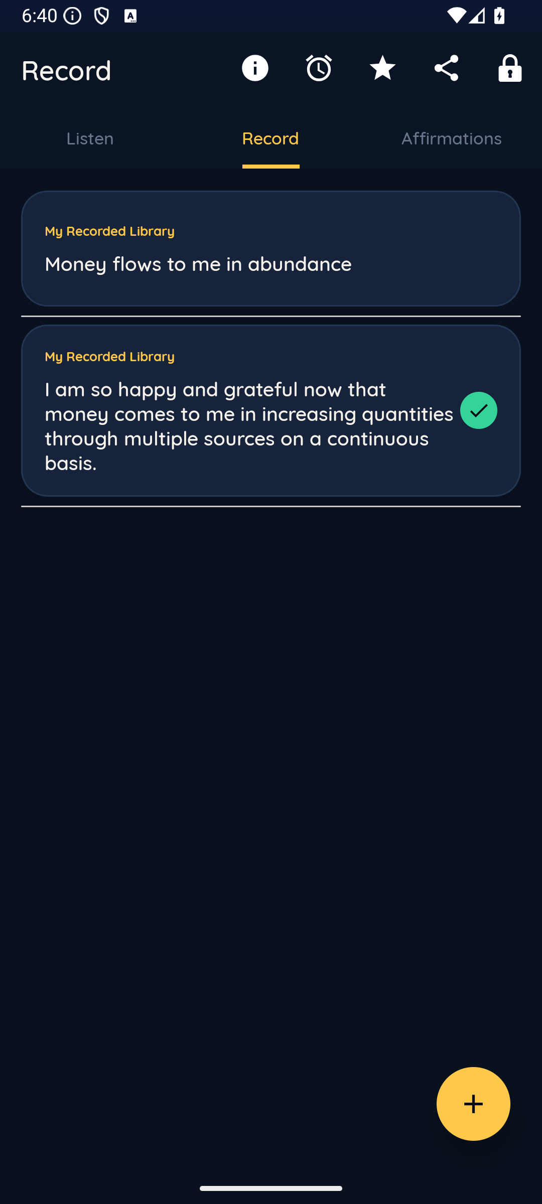 Creation record screen